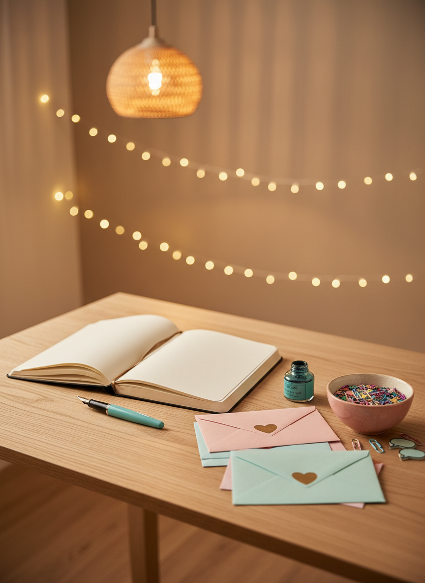 A cozy writing nook prepared for friends and family to share heartfelt birthday messages. A smooth, light-wood desk holds a thick, open journal with blank cream pages, a fountain pen with teal ink, and several pastel envelopes sealed with metallic heart stickers. Beside them, a small ceramic dish overflows with colorful confetti stars and paperclips shaped like speech bubbles. In the background, soft-focus fairy lights hang against a neutral wall, creating warm bokeh. Gentle, warm pendant lighting from above casts soft highlights on the paper and subtle shadows along the desk’s grain. Shot at a slightly elevated angle in photographic realism, the composition follows the rule of thirds, feeling intimate, inviting, and playful, as if ready to collect written stories and birthday wishes, with no visible text or people.