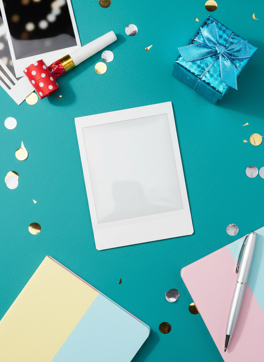 A celebratory, modern flat lay themed around a 40th birthday party in full swing, designed for a “Share Your Memory” call-to-action section. At the center lies a glossy, blank instant-photo-style frame waiting to be filled, its white border reflecting soft overhead lighting. Around it, scattered props hint at stories: a retro polka-dot party horn, metallic confetti, a small stack of abstractly blurred photo prints, a shimmering gift box with an oversized bow, and a pastel-colored notebook with a pen resting diagonally across it. The backdrop is a vibrant teal table surface with subtle texture. Bright, diffused light from above creates crisp, playful shadows while maintaining a clean, photographic realism. Shot from directly overhead, the mood is energetic, inviting visitors to imagine themselves adding their own memories, without any actual people shown.