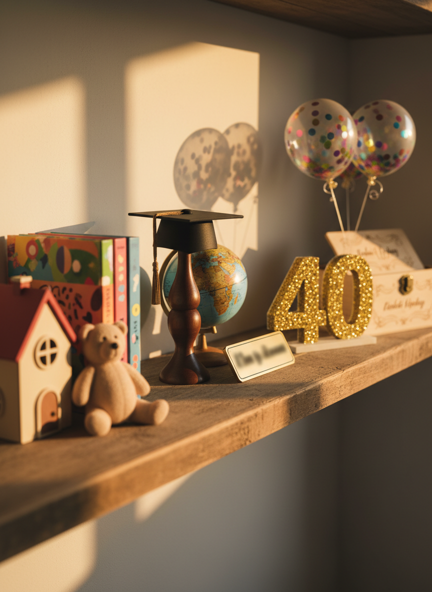 A whimsical “timeline of a life” scene arranged across a long, rustic wooden shelf, representing Lucy’s childhood through turning 40. On the left, a tiny toy house, a plush teddy bear silhouette, and a stack of colorful children’s books with abstract, unreadable covers. In the middle, symbolic objects mark school and early adulthood: a graduation cap icon sculpture, a small painted globe, and a mock office desk nameplate with blurred lettering. On the right, a sparkling 40-shaped centerpiece, a bouquet of confetti-filled balloons, and a decorative box labeled with indistinct script for birthday messages. Golden hour sunlight streams through an unseen window, casting warm highlights and elongated shadows. Photographic realism, eye-level composition, shallow depth of field, and a playful, nostalgic mood that invites visitors to share memories without depicting any humans.
