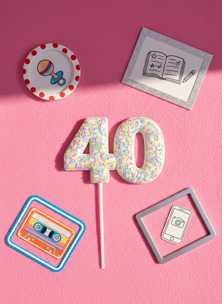 A festive, memory-filled flat lay designed as the cheerful homepage hero for “Lucy Is Turning 40.” At the center, a glossy, pastel-sprinkled birthday cake topper shaped like the number 40 rests on a soft pink backdrop. Around it, scattered eras of life are symbolized by four distinct photo frames: a tiny polka-dot frame with a cartoon baby rattle illustration, a glittery frame with a doodled school notebook, a bold neon frame with a cassette tape, and a sleek modern frame with a small smartphone sketch. Warm, diffused daylight from the side creates gentle shadows and a playful, welcoming mood. Shot from a bird’s-eye view with photographic realism, bright colors, and crisp focus, emphasizing a fun, celebratory atmosphere without showing any real people or readable text.