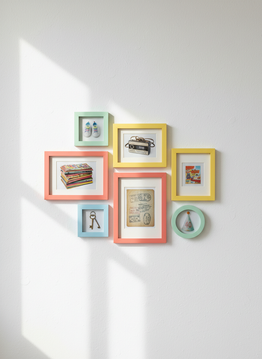 A bright, playful “gallery wall of memories” representing different eras of Lucy’s life without showing people. A white wall displays an eclectic mix of picture frames in various sizes and candy colors: mint, coral, sunshine yellow, and sky blue. Inside each frame are symbolic still-life photos instead of portraits: a tiny pair of baby shoes, a stack of comic books, a vintage cassette player, a first apartment key, a travel passport covered in abstract stamps, and a small party hat with the number 40 subtly embossed but not fully legible. Soft, natural daylight from a nearby window bathes the scene, creating gentle, uplifting shadows. Photographic realism, straight-on composition, and crisp detail create a playful yet sentimental atmosphere, perfect for a memories page header.